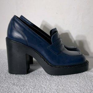 Lintervalle Allington Navy Blue Leather 90 Style Chunky Heeled Loafers 38